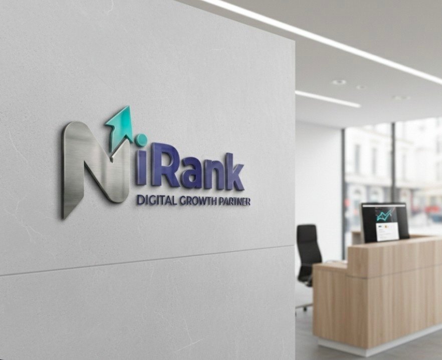 NiRank premium digital marketing agency office in London featuring a 3D silver logo on a modern wall, representing expert SEO and digital growth services.